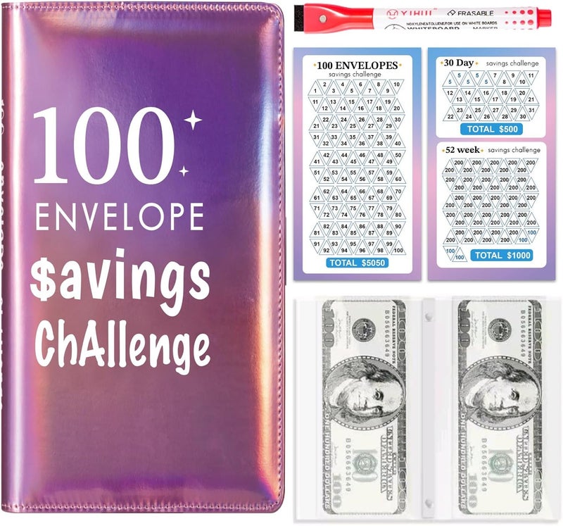 gusutide 100 Envelope Savings Challenge Binder, Money Saving Binder with Cash Envelopes, from 30 Days to 52 Weeks, to Save $500,$5,050 and $10,000, back to school supplies,gift for children (Shining Pink-A6) - Image 1